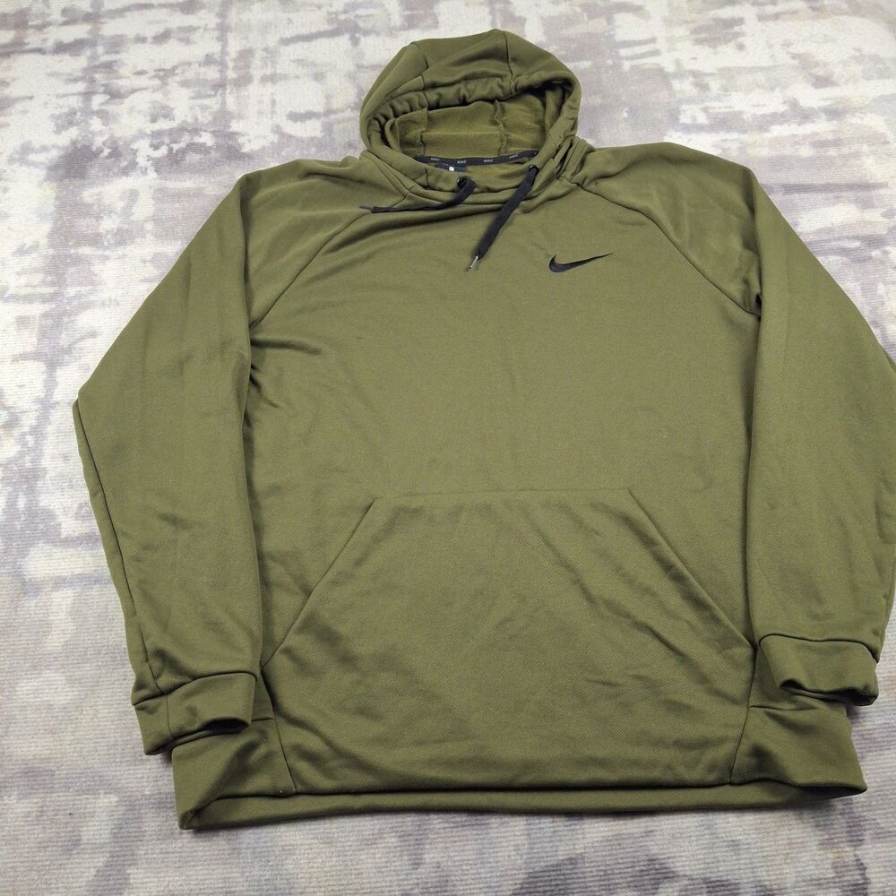 Nike Dri Fit Hoodie Mens XL Olive Green Training Pullover Swoosh Sweatshirt